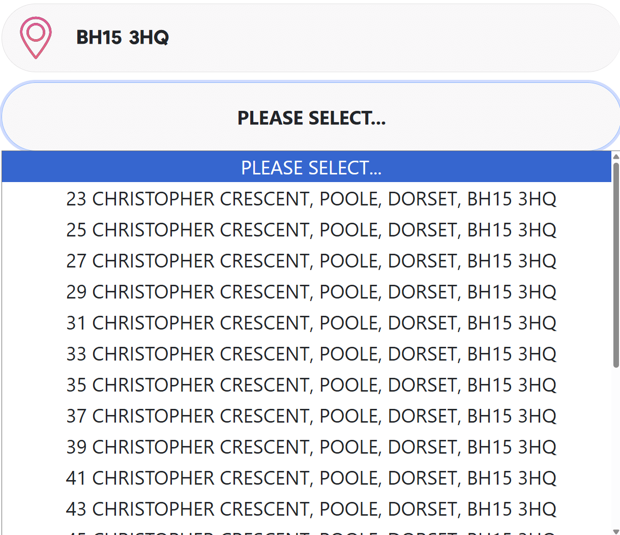 UK address finder API demo showing postcode lookup dropdown results